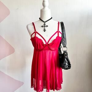 Red Lace Sheer Babydoll Top Y2K 2000s Coquette Romantic Soft‎ Girl Small
